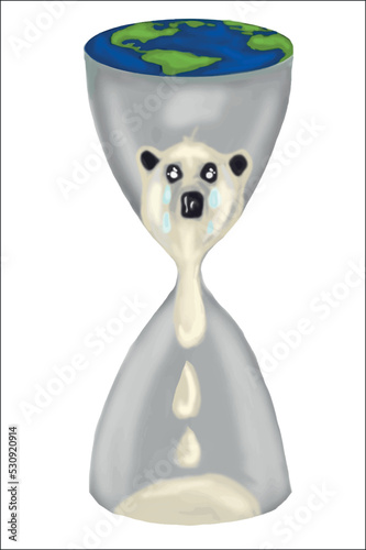 Polar bear melting and crying in hourglass. Earth, hourglass. Global warming. For endangered animals