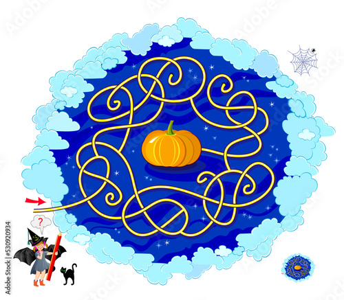 Best labyrinths. Help the girl find the way to the pumpkin. Logic puzzle game. Picture for brain teaser book. Halloween maze. Kids activity sheet. Play online. Vector illustration.