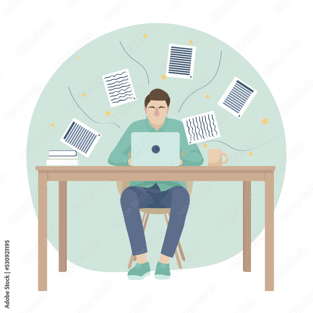 Writer with laptop at table on white background Writer with laptop at table on white background