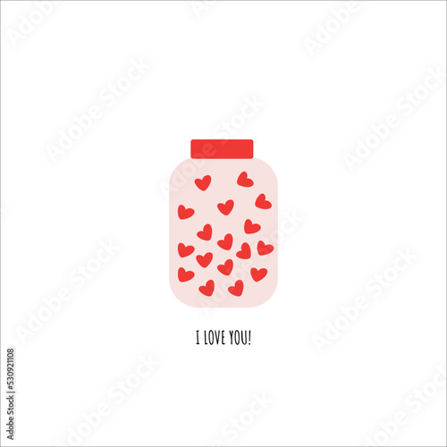Happy valentine's day. Vector illustration doodle hand drawn glass jar with hearts inside, label "For You". The 14th of February. Illustration for lovers, prints, postcard, cards, flyers, holidays.
