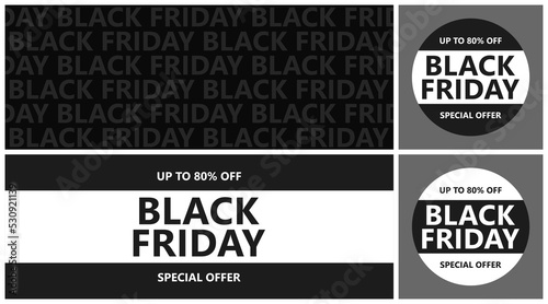 Black Friday banner, seamless pattern and two stickers for promotion, advertising, online advertising, social media, fashion advertising, market flyer, shop brochure, advert or store poster.