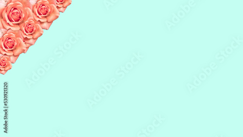 Ramillete de hermosas rosas con gotas de rocío en sus pétalos aisladas sobre fondo liso en colores opuestos complementarios con espacio para publicidad. Tarjeta de regalos. Relación de aspecto 16:9   © Evangelina