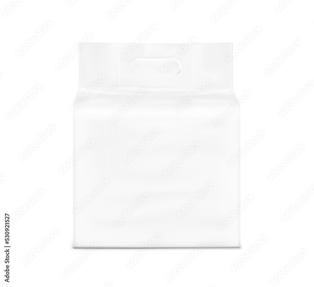Stand bag with handle hole mockup. Vector illustration isolated on white background. Perfect for presentation nappies, wet wipes, food, cleaning products, household, etc. EPS10. Stand bag with handle hole mockup. Vector illustration isolated on white background. Perfect for presentation nappies, wet wipes, food, cleaning products, household, etc. EPS10.