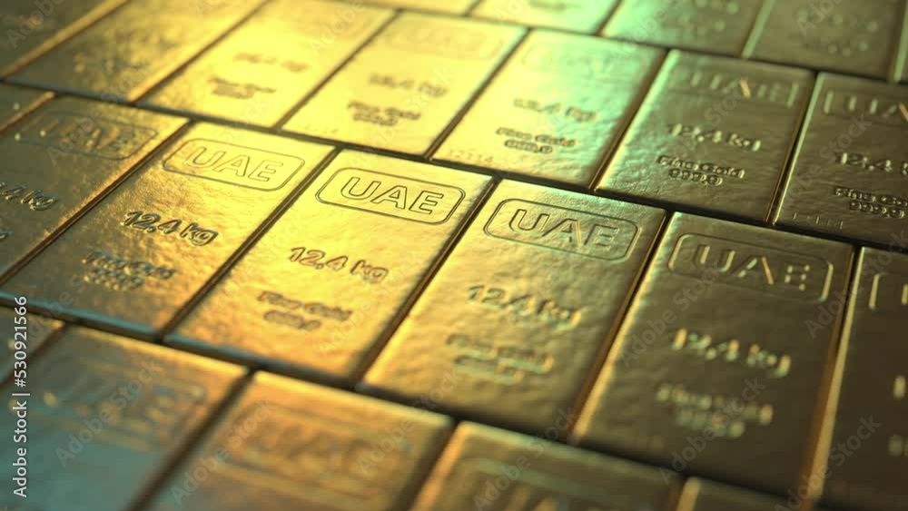 UAE text on gold ingots. Seamless looping 3d animation UAE text on gold ingots. Seamless looping 3d animation
