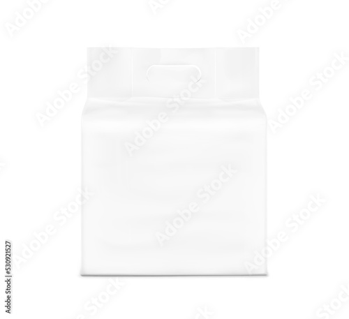 Stand bag with handle hole mockup. Vector illustration isolated on white background. Perfect for presentation nappies, wet wipes, food, cleaning products, household, etc. EPS10.	