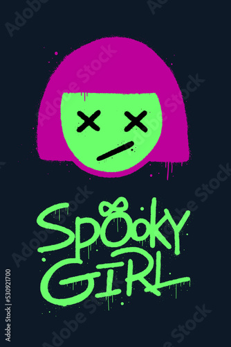 Vector illustration. Urban street graffiti. Slogan of Spooky girl. Zombie face with green skin and dead eyes. Print for graphic tee, sweatshirt. Concept for Halloween avatar, ig story. 1980s style.