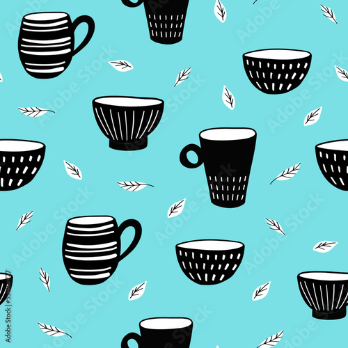 Seamless pattern of cups and bowls, tea leaves. Flat style. Concept for tea party, pottery studio. Design print to social media, textile, wallpaper, wrapping paper, flyer, home decor.