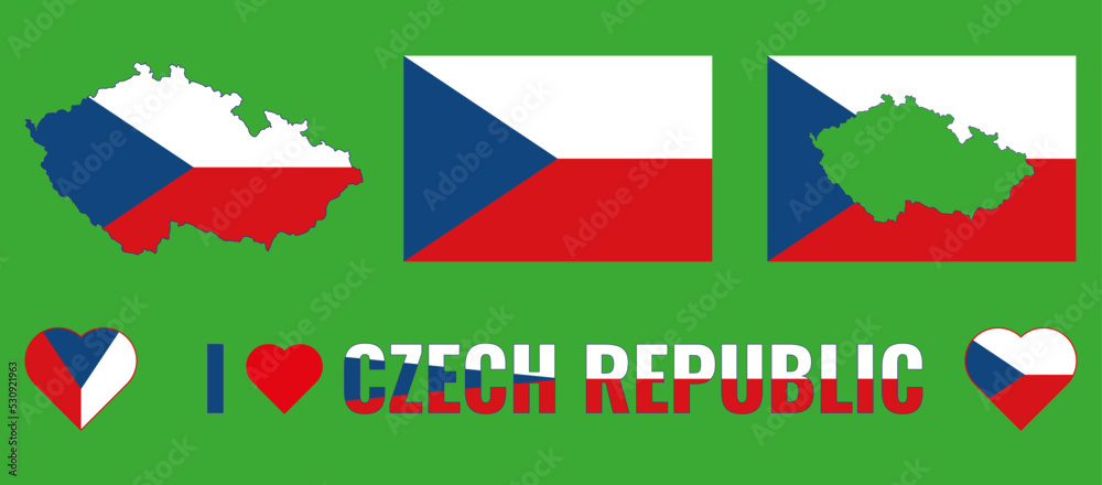 Set of vector illustrations with Czech Republic flag, country outline map and heart. Travel concept.
