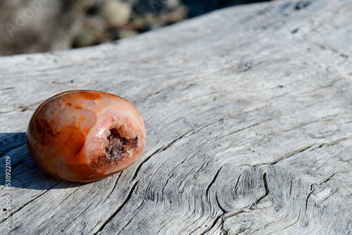 An image of a red carnelian geode on a large piece of weathered driftwood. 