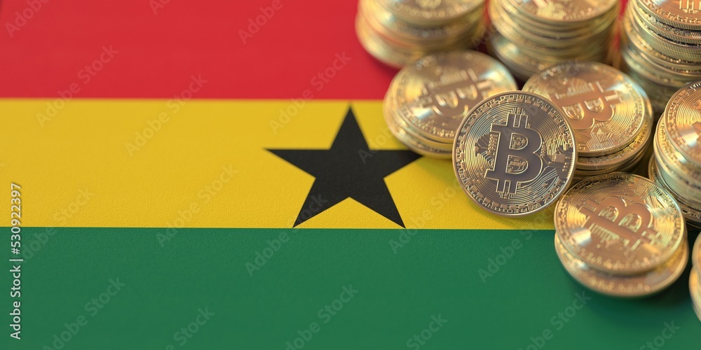 Pile of bitcoins and flag of Ghana. National cryptocurrency regulations conceptual 3d rendering