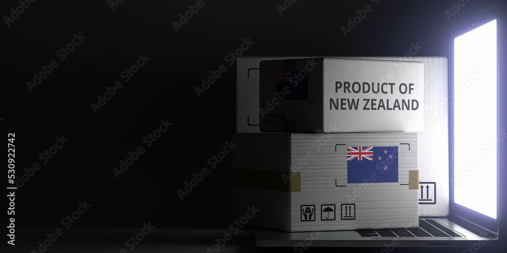 Cartons with PRODUCT OF NEW ZEALAND text and flag on the laptop, black background. 3D rendering Cartons with PRODUCT OF NEW ZEALAND text and flag on the laptop, black background. 3D rendering