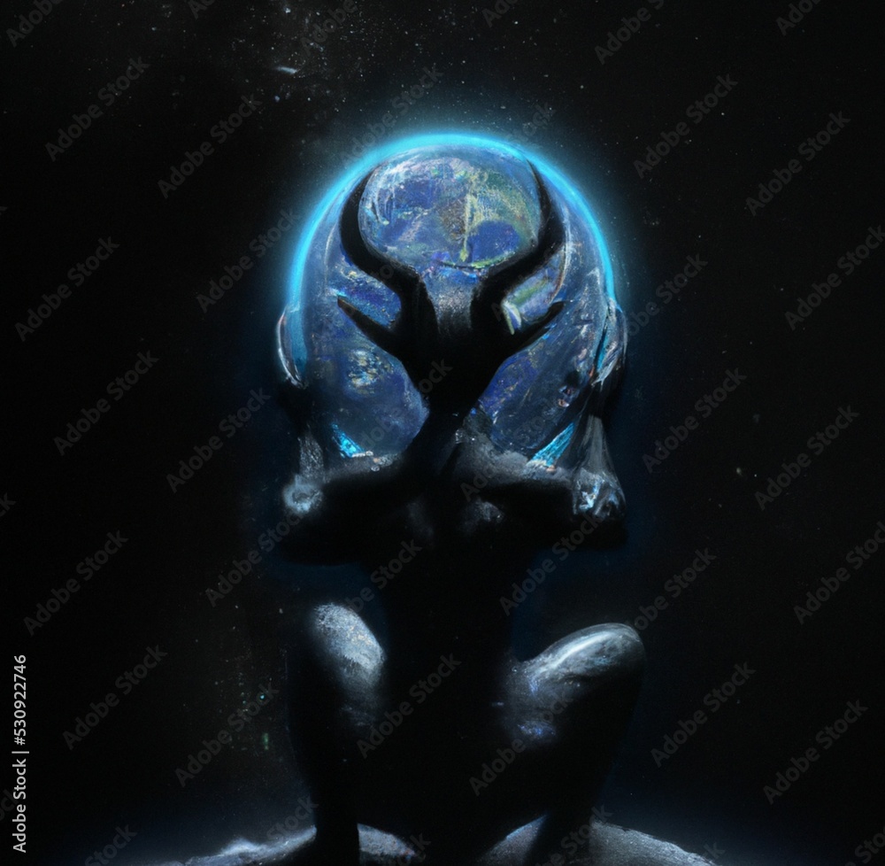 Evil entity holding earth, digital art with a dark background Stock