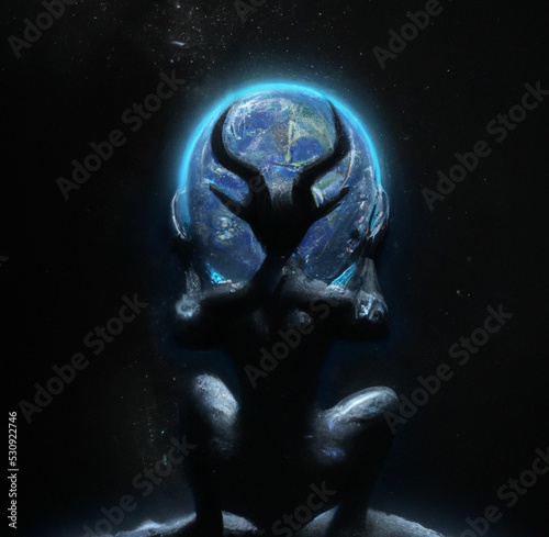 Evil entity holding earth, digital art with a dark background