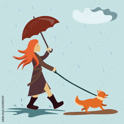 Girl with dog vector illustration. A girl with an umbrella and a dog in the rain.