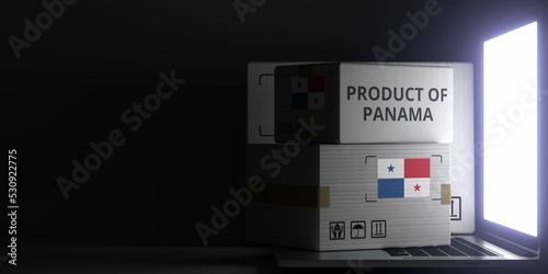 PRODUCT OF PANAMA text and flag sticker on the boxes on the laptop on dark background. 3D rendering