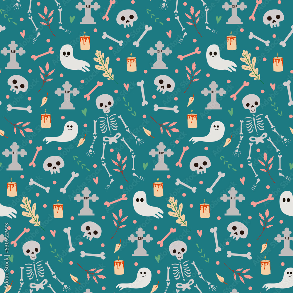 White skeleton and ghosts on green vector seamless pattern. Halloween background for decoration White skeleton and ghosts on green vector seamless pattern. Halloween background for decoration