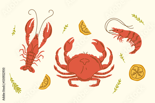 Shrimp, crawfish and crab vector set illustration with limon. Seafood vector design elements