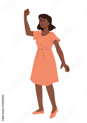 Person celebrating success. Young brave girl in dress raises fist up and rejoices at achievement of goals. Positive ambitious character. Cartoon flat vector illustration isolated on white background