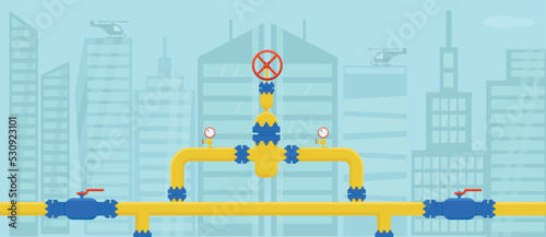 Gas pipeline construction with city skyscraper background. Vector stock illustration isolated on background for banners, posters with notification and announcement.