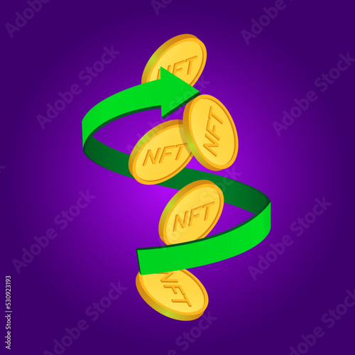Non-fungible NFT token. NFT investment concept. NFT price. Gold NFT coins and a green arrow pointing up. Vector illustration.