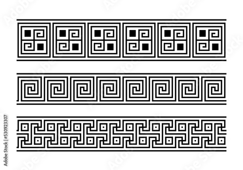 Greek key ornaments collection. Meander pattern set. Repeating geometric meandros motif. Greek fret design. Ancient decorative border. Vector
