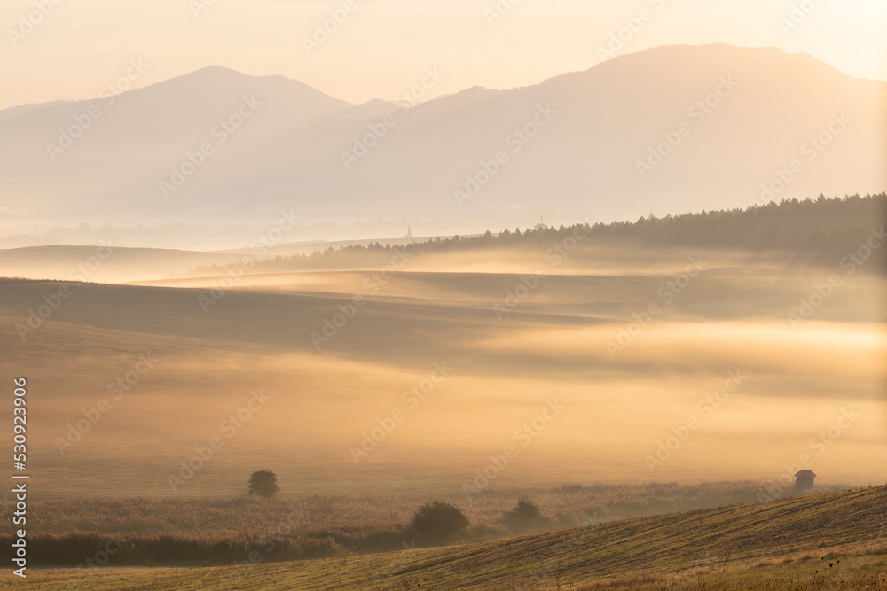 Morning mist in the fields at Ondrasova village, Slovakia.