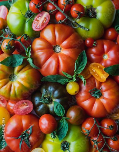 Close up of colorful heirloom and cherry tomatoes and basil.