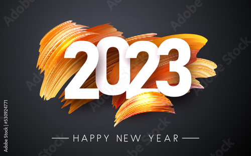 White paper 2023 sign on orange gradient brush strokes background.