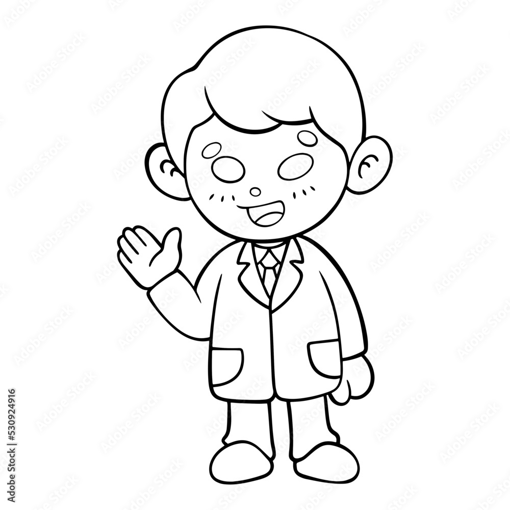 cartoon image of a doctor standing with his hands up to say hello is a line drawing