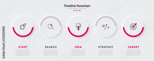 Timeline infographic design with 5 options or steps. Infographics for business concept. Can be used for presentations workflow layout, banner, process, diagram, flow chart, info graph, annual report.