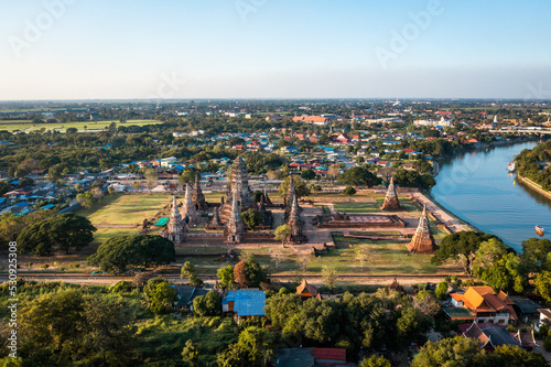 Aerial view of Wat Chaiwatthanaram ruin temple in Ayutthaya, Thailand