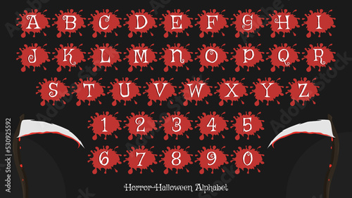 Bloody alphabet full pack isolated on black background. Horror font with blood and sickle. Happy Halloween text style.