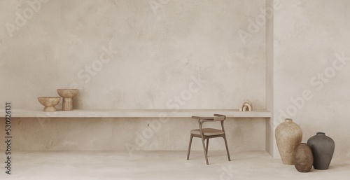 Fototapeta Naklejka Na Ścianę i Meble -  Open space home office or workplace in Balinese style with hanging table and wooden chair, plastered walls, decor sculpture. Decorative floor vases. Home mockup. 3d render