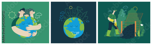 Ecology - Modern flat vector concept illustration on green positive thinking. Waste sorting, Recycling, Green energy, Save the planet, bio farming. Creative landing web page illustrations set
