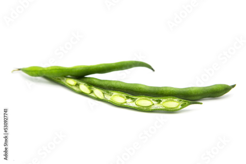Fresh organic green beans isolated on white background.