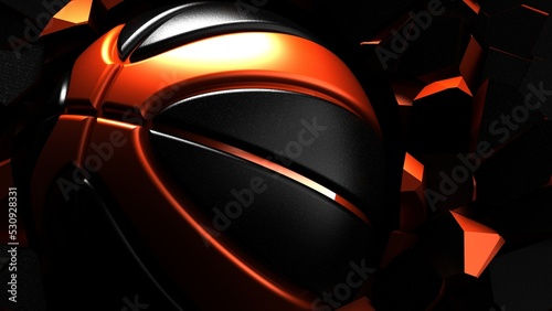 Black-Orange Basketball breaking with great force through black-orange wall under spot light background. 3D high quality rendering. 
