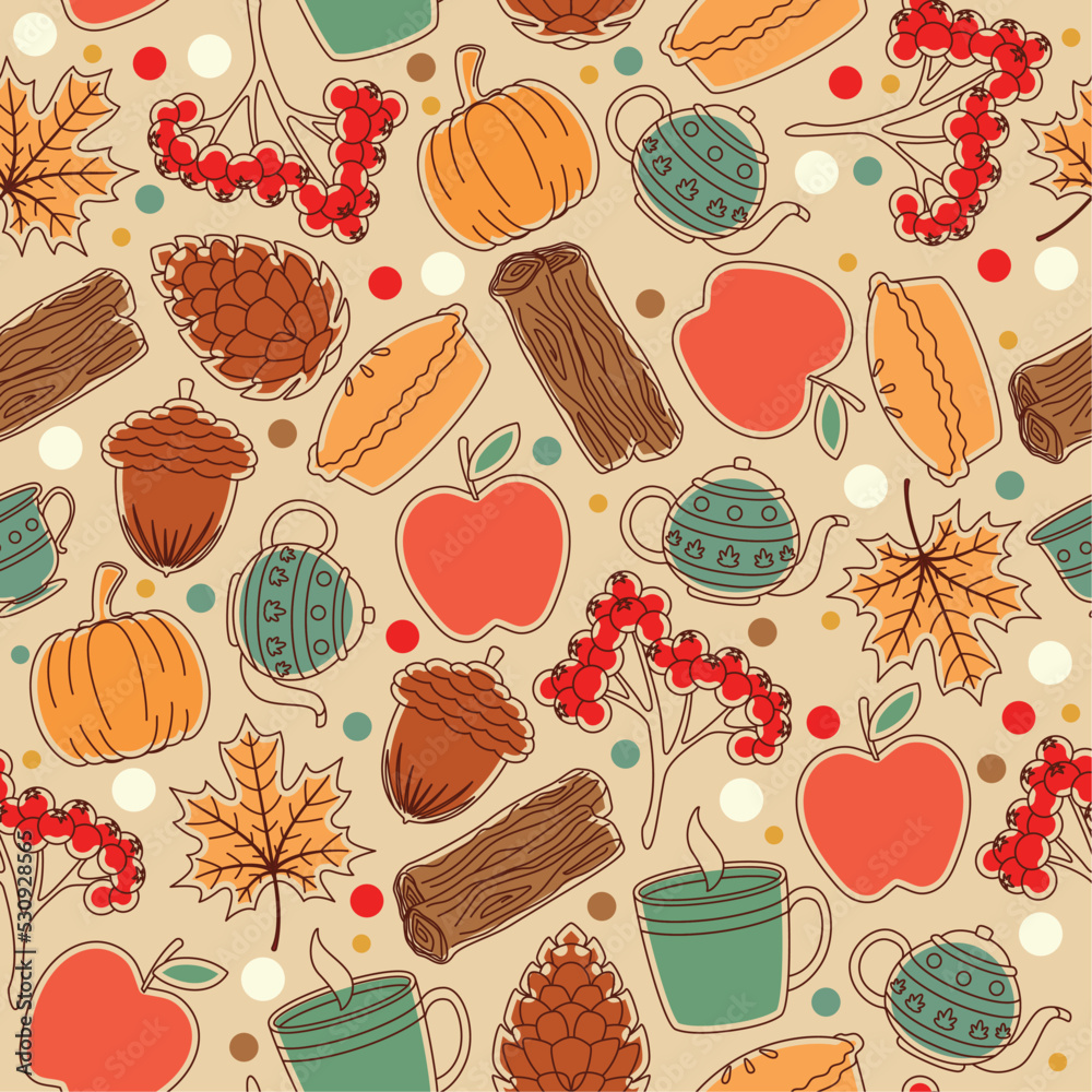 Fototapeta premium Autumn seamless pattern background with seasonal food and drinks sticker Vector