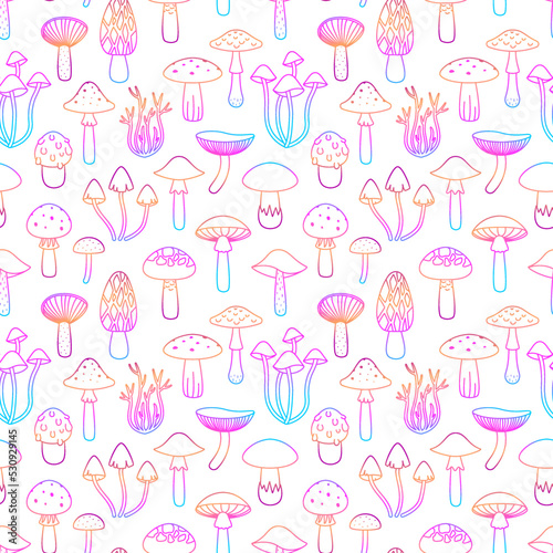 Seamless pattern colorful outline mushrooms, retro hippie style background. For vintage fabric, textile, wallpaper, wrapping paper