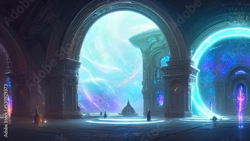 Fantasy galactic majestic portal  neon. An abstract passage  a door to an unreal world. Round stone arches. 3D illustration