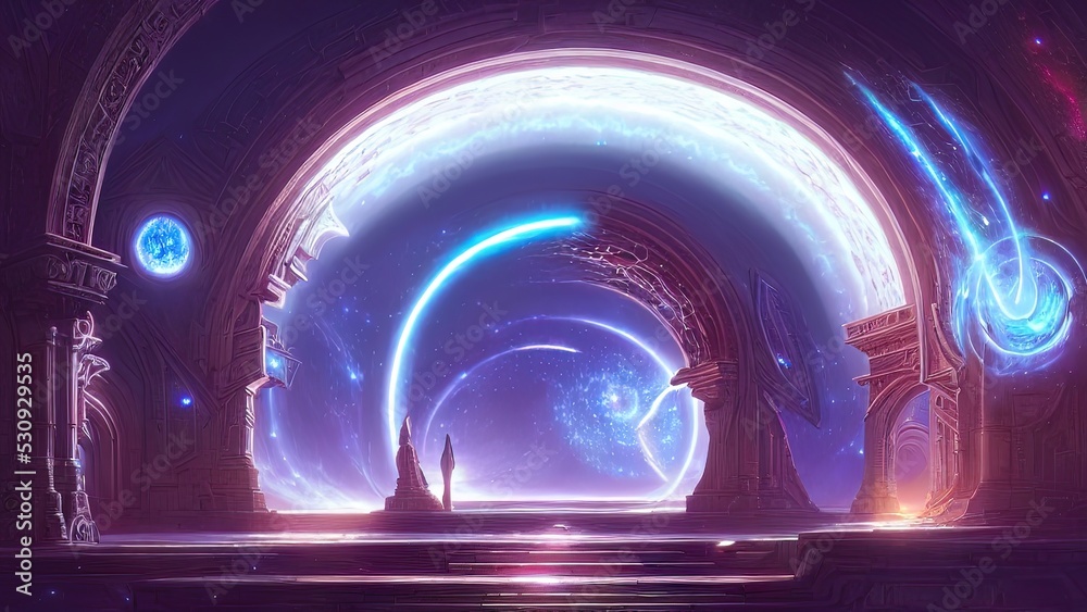 Fototapeta premium Fantasy galactic majestic portal, neon. An abstract passage, a door to an unreal world. Round stone arches. 3D illustration