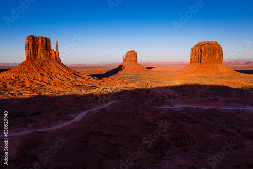 The Mittens  three buttes in Monument Valley at sunrise  Arizona and Utah  USA