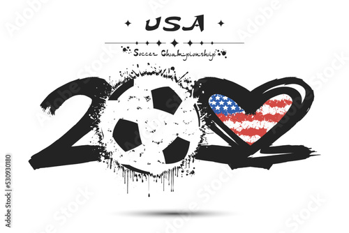 2022, soccer ball. Heart with flag of USA