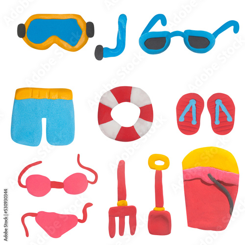 Set of object summer travel swimming  beach on white