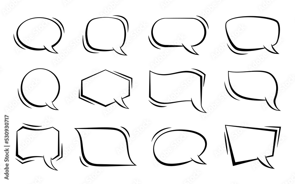 Pop art speech bubble set. Cartoon boom burst wow effect empty frame. Comic text message balloon. Fun sketch shapes speak cloud banner. Web chat comment icon sign. Blank social media dialog template