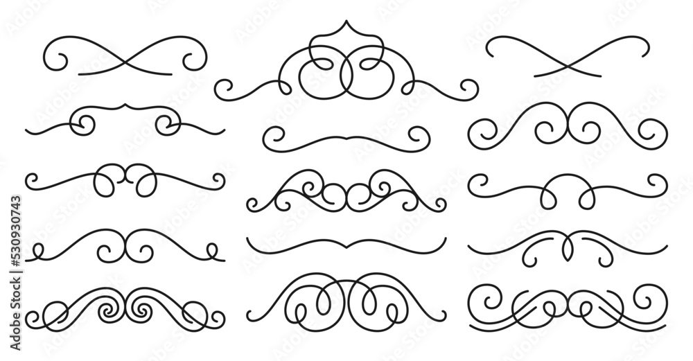 Vintage curl linear decor. Calligraphic swashes border design elements. Decorative page delimiters. Retro frame filigree swirl dividers. Ornate vignette scrolls for wedding invitation card, menu