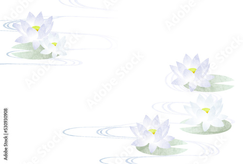 水彩風ハスと流水のポストカードヨコ無線