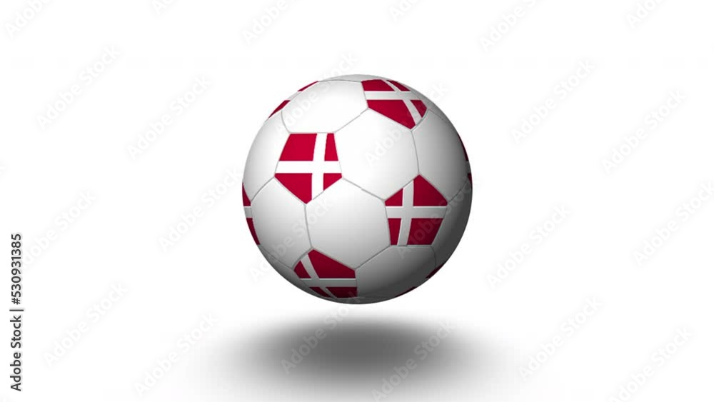 An animated football made of the Denmark flag spins and moves forward. Soccer ball animation white isolated and green background. 4K video. An animated football made of the Denmark flag spins and moves forward. Soccer ball animation white isolated and green background. 4K video.
