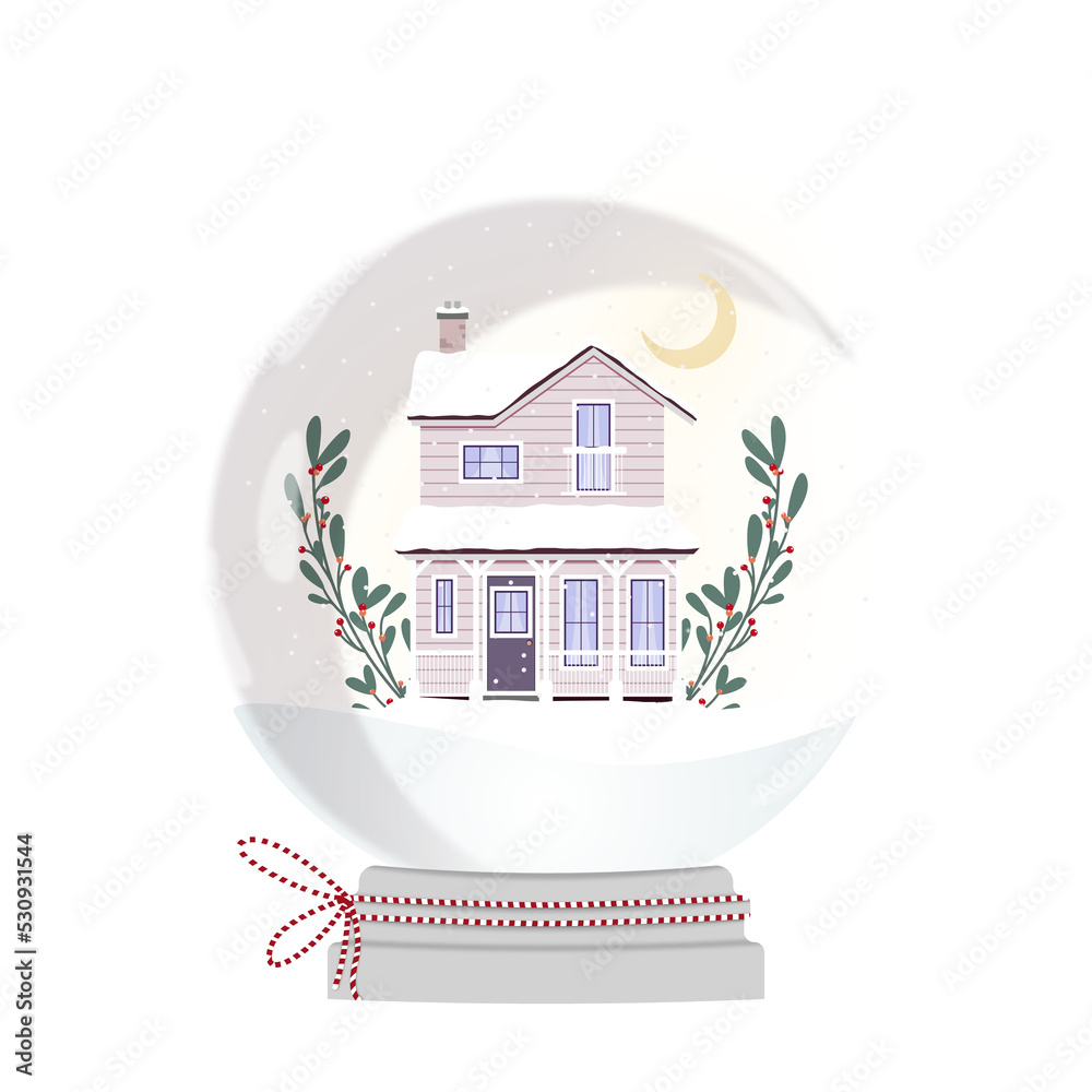 Świąteczna szklana kula z małym domkiem i zielonymi gałązkami. Zimowa sceneria - domek pokryty śniegiem, spadające płatki śniegu, nocne niebo i księżyc.