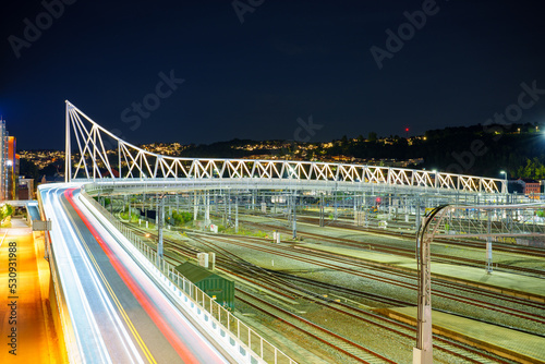 Night photo of Nordenga bridge and train tracks in Oslo Norway photo