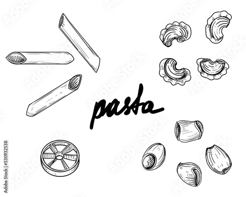 Hand drawn sketch black and white of pasta, spaghetti. Vector illustration. Elements in graphic style label, sticker, menu, package. Engraved style illustration.